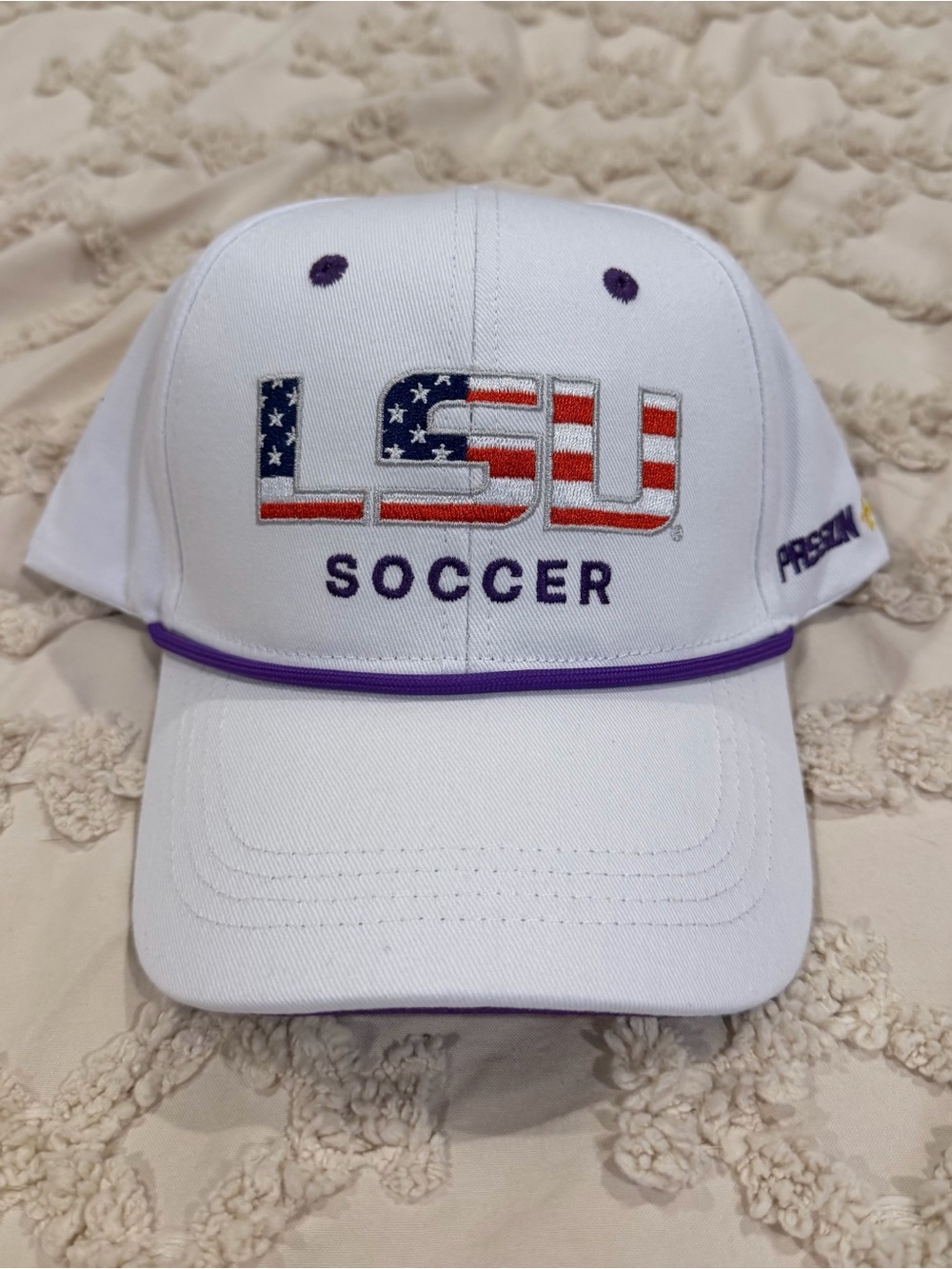 LSU Soccer White Cap with Purple Trim